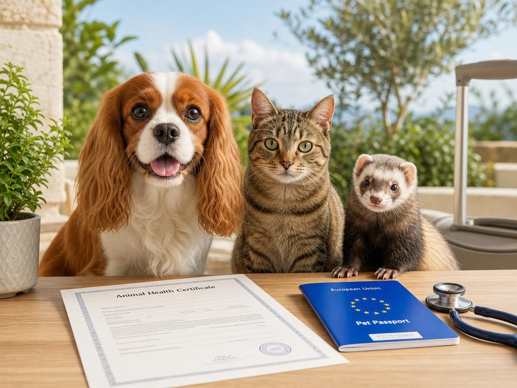 Happy dog with EU pet travel documents and Animal Health Certificate at a Central London clinic
